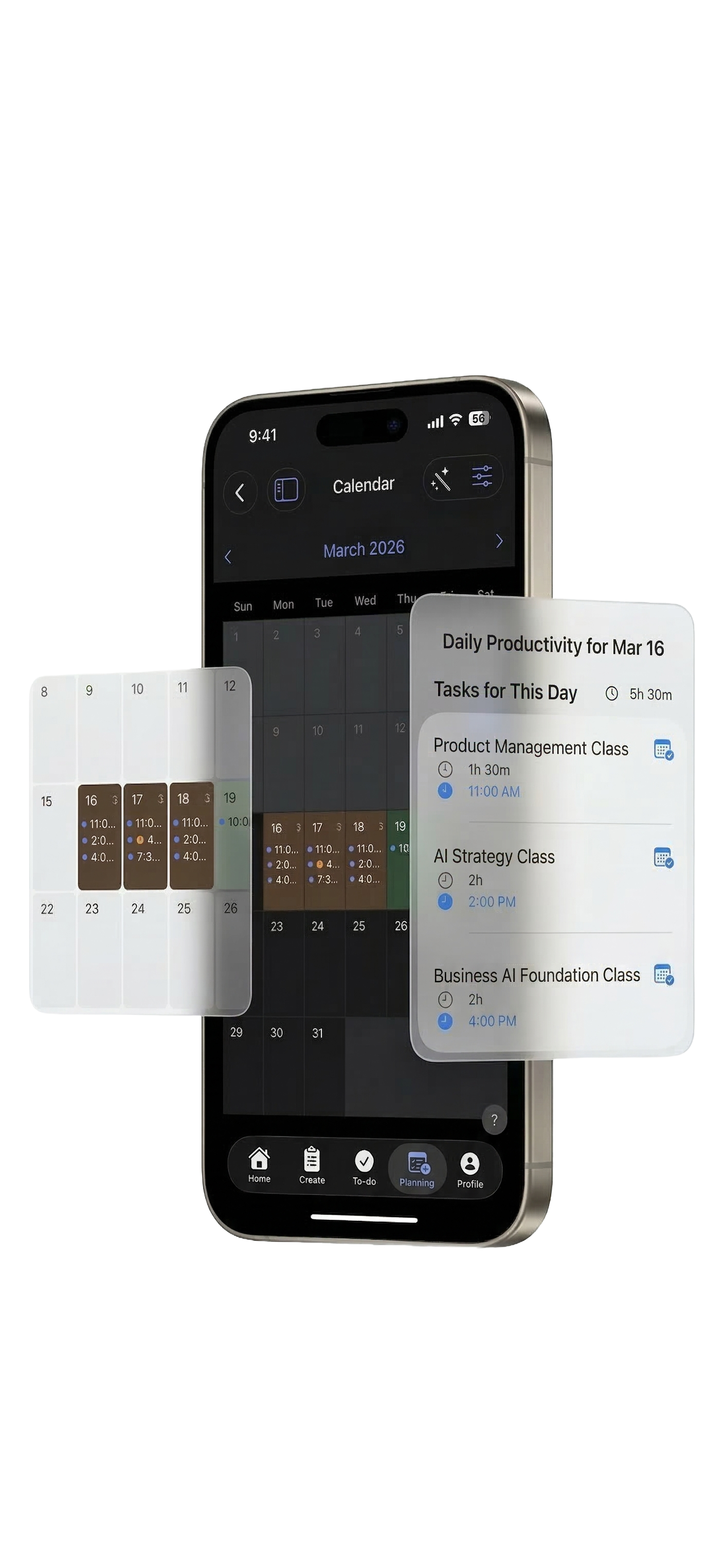 Calendar month view with daily productivity
