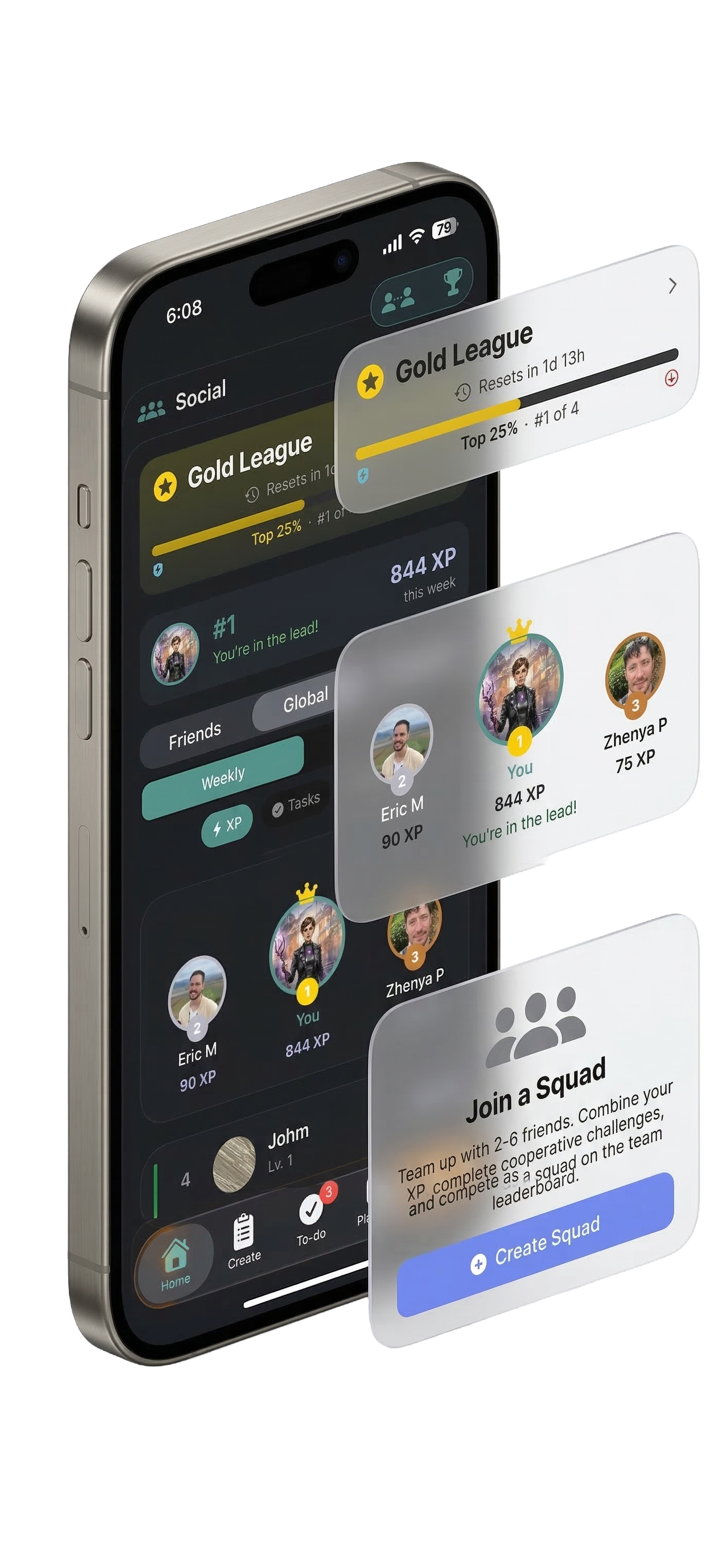 Social leaderboard with Gold League and squads