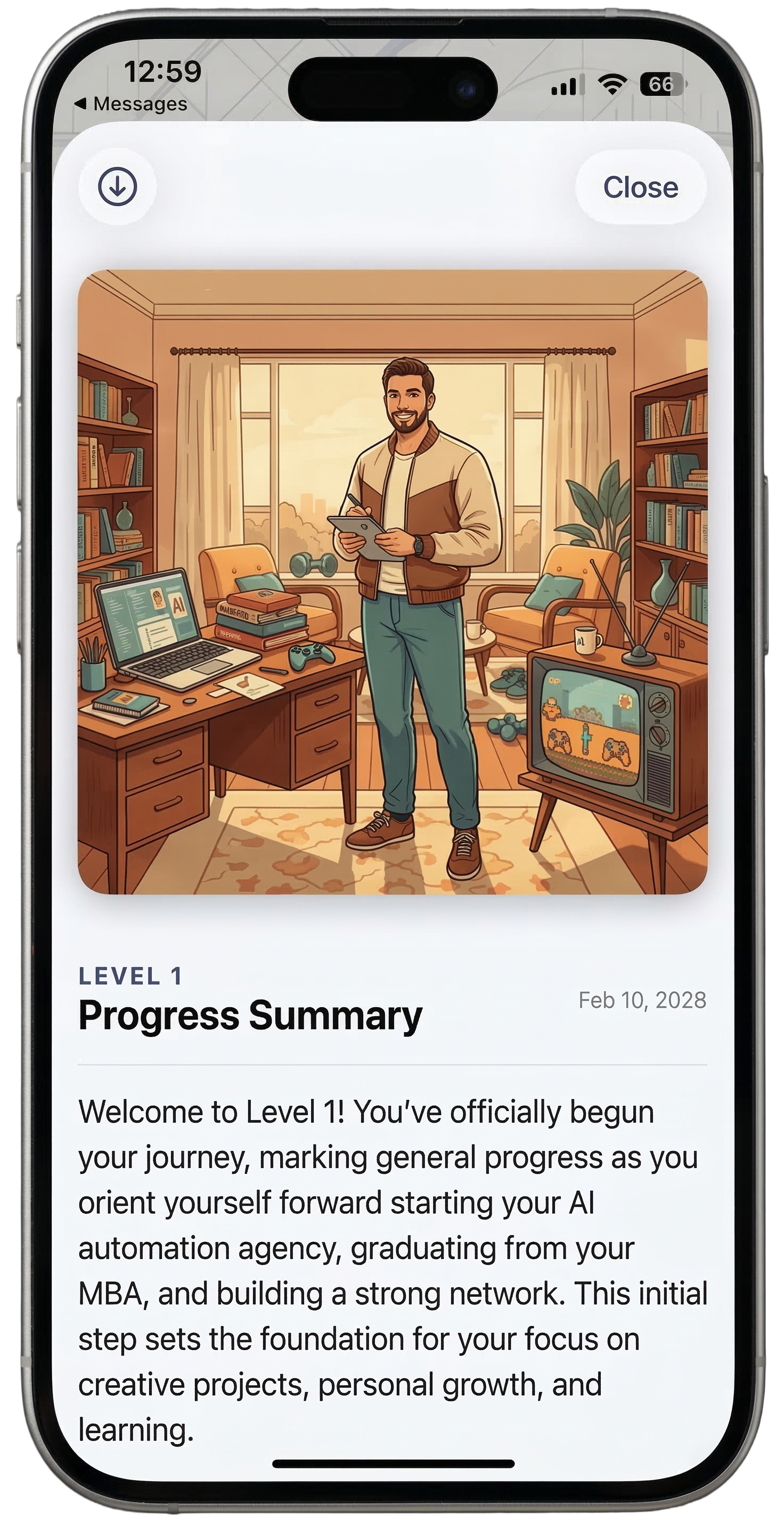Level progress summary with story artwork