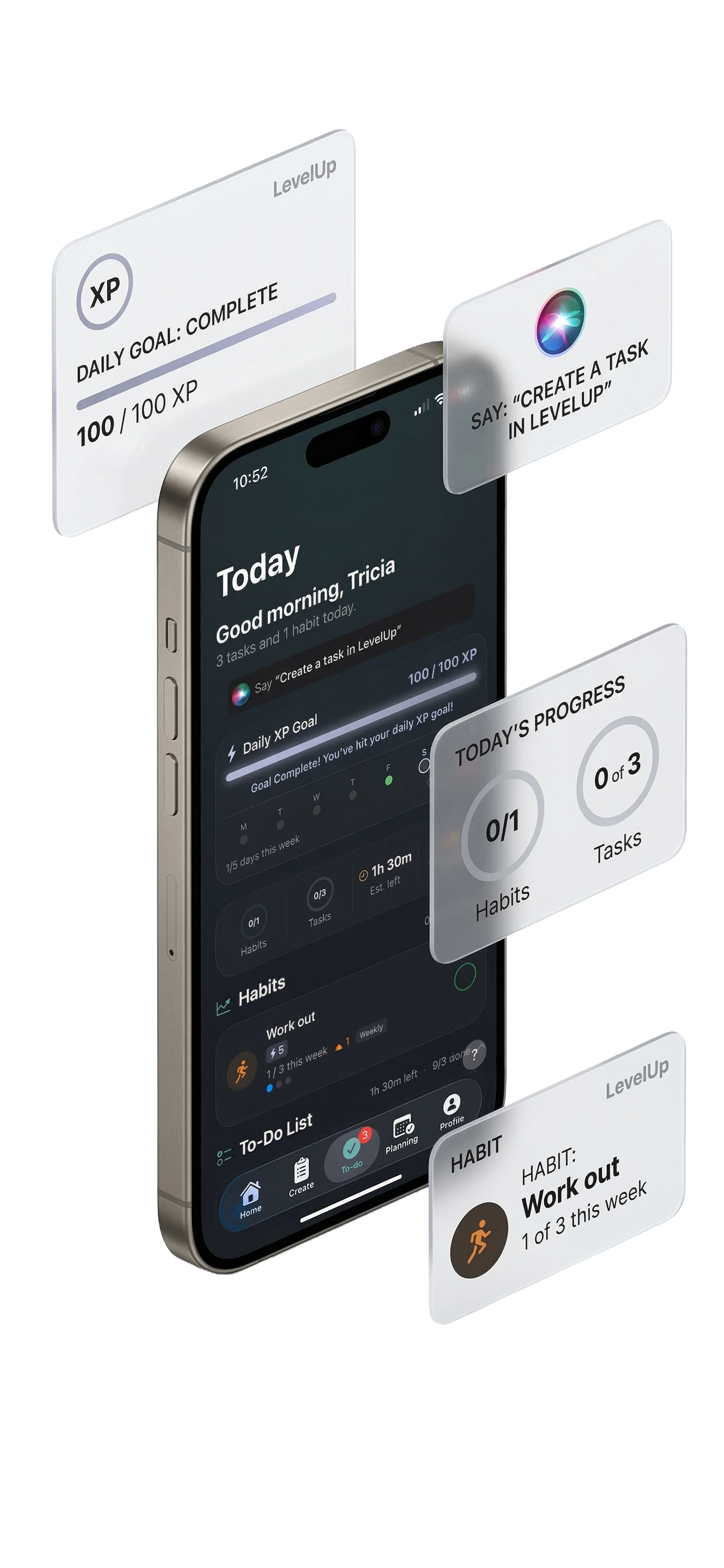 Today view with daily XP goal, habits, widgets, and Siri